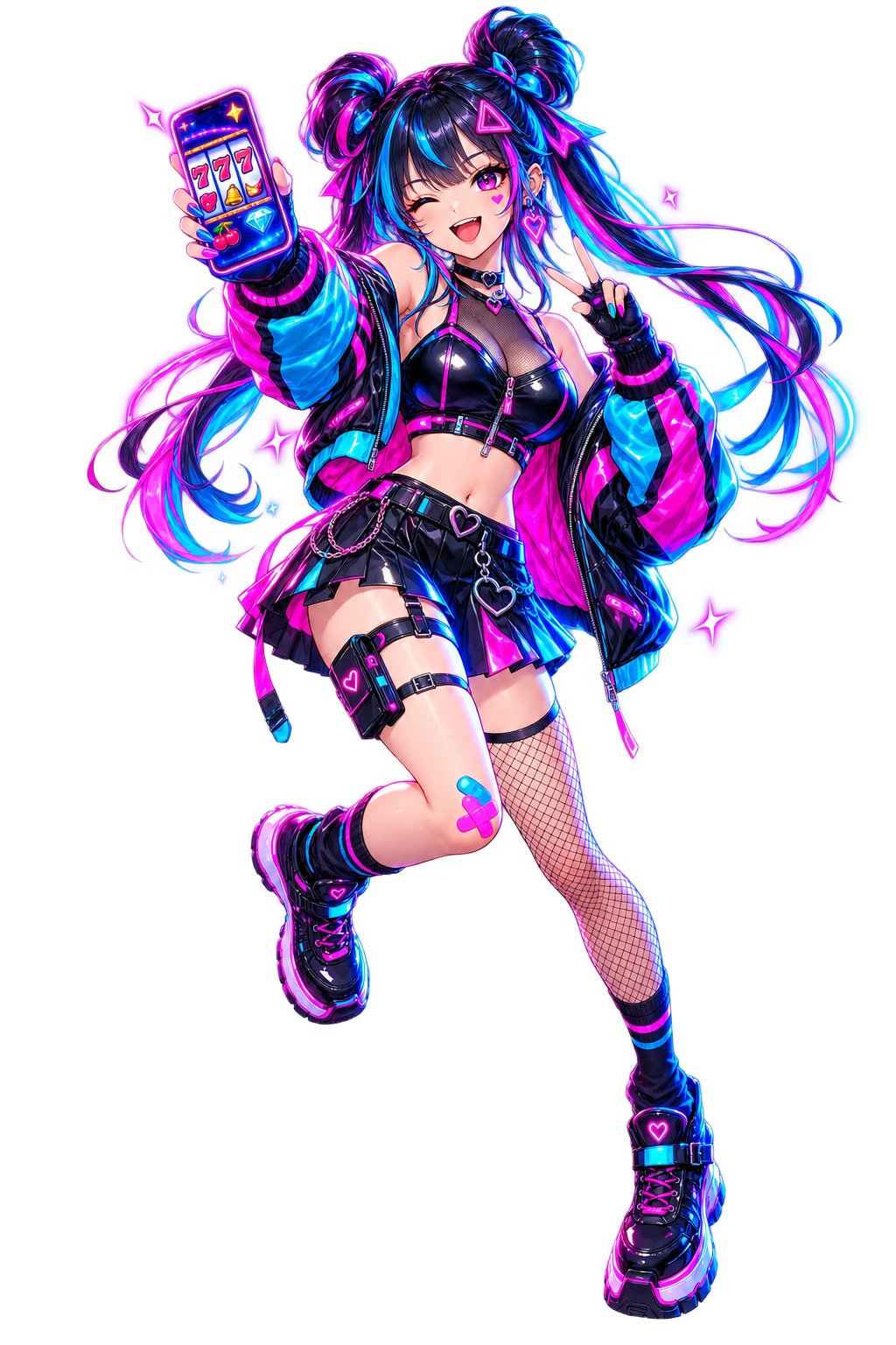 Mascote em estilo anime com roupa inspirada na estética chinesa, iluminada por lanternas e luzes neon.